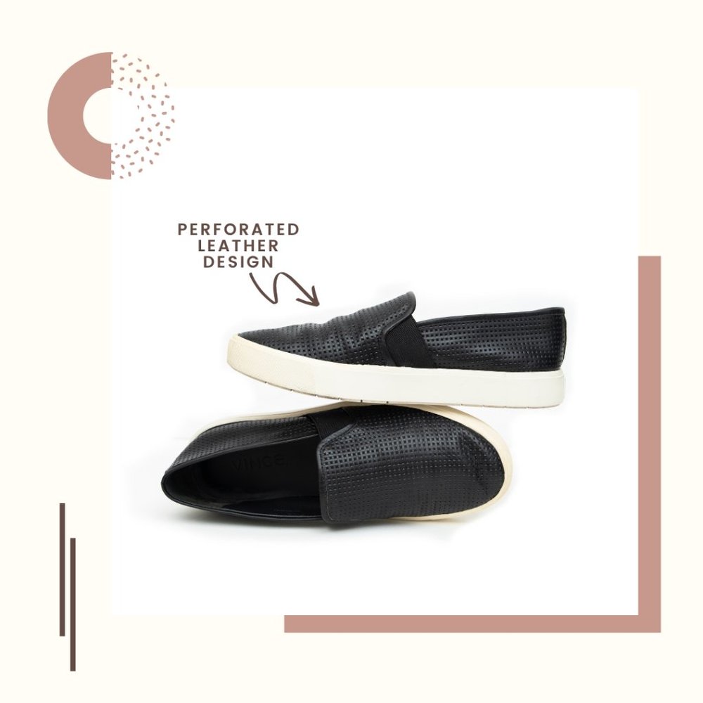Vince Perforated Black Leather Slip On Shoes